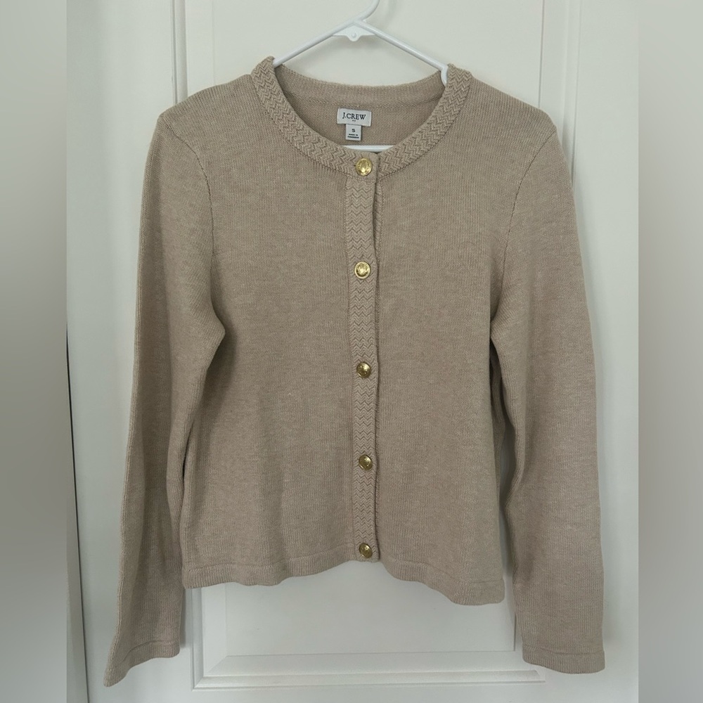 J. Crew Women's Beige Crewneck Cardigan with Gold Buttons